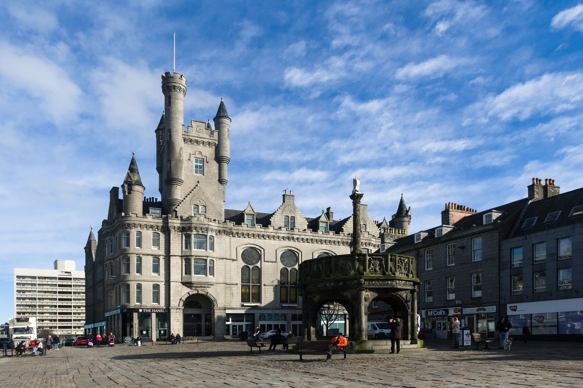 The Mercat Cross and granite frontages of the Castlegate in Aberdeen.