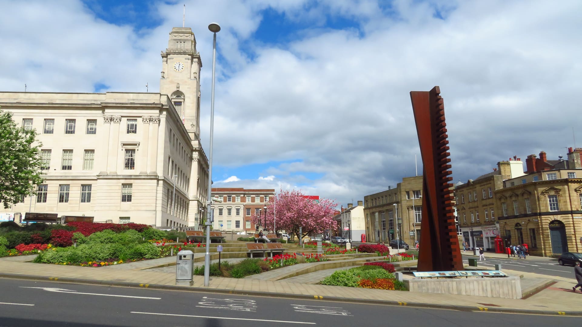 Barnsley Town Hall's clock tower above the town hall gardens.
