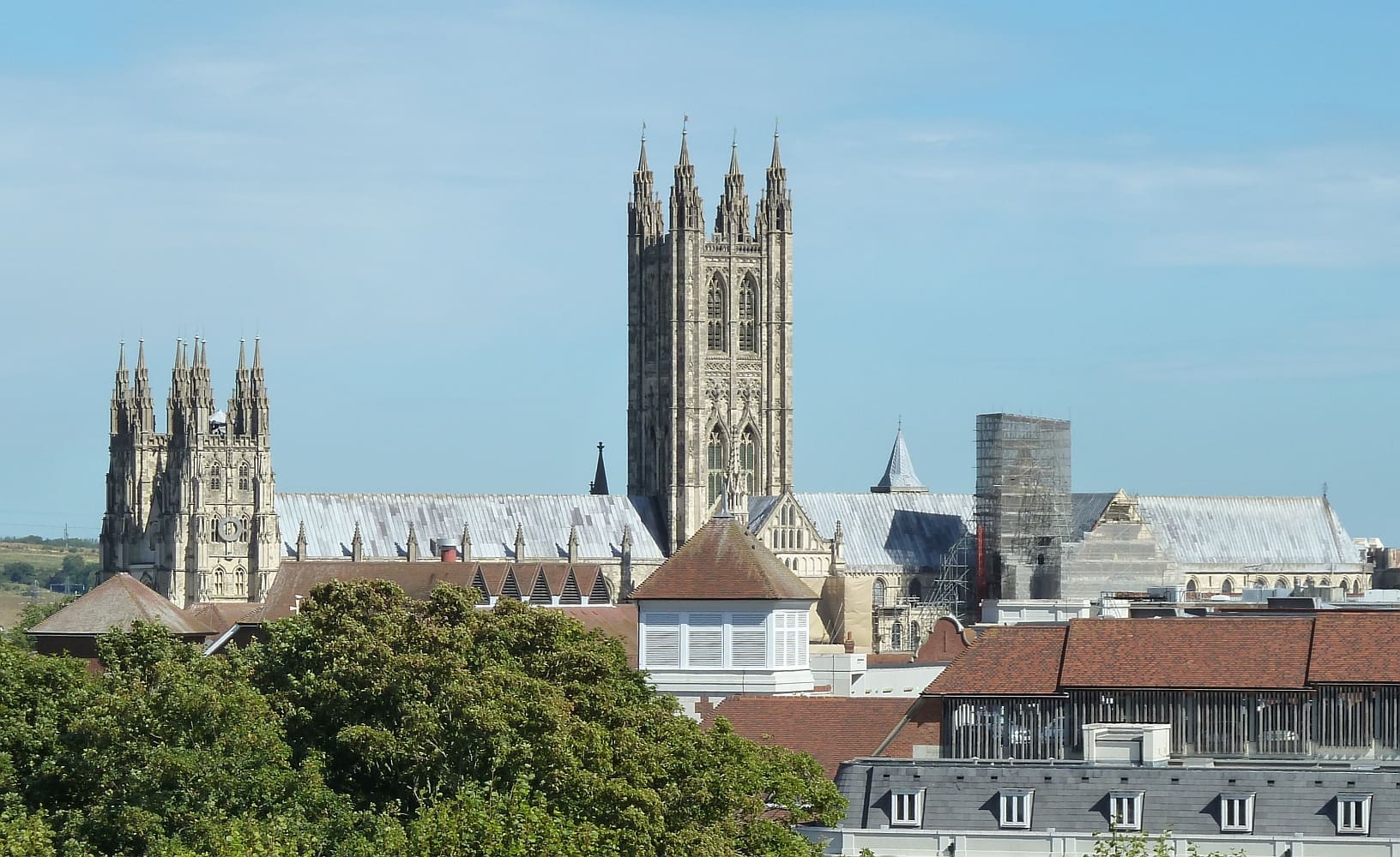 Canterbury Cathedral rising over the city's rooftops.