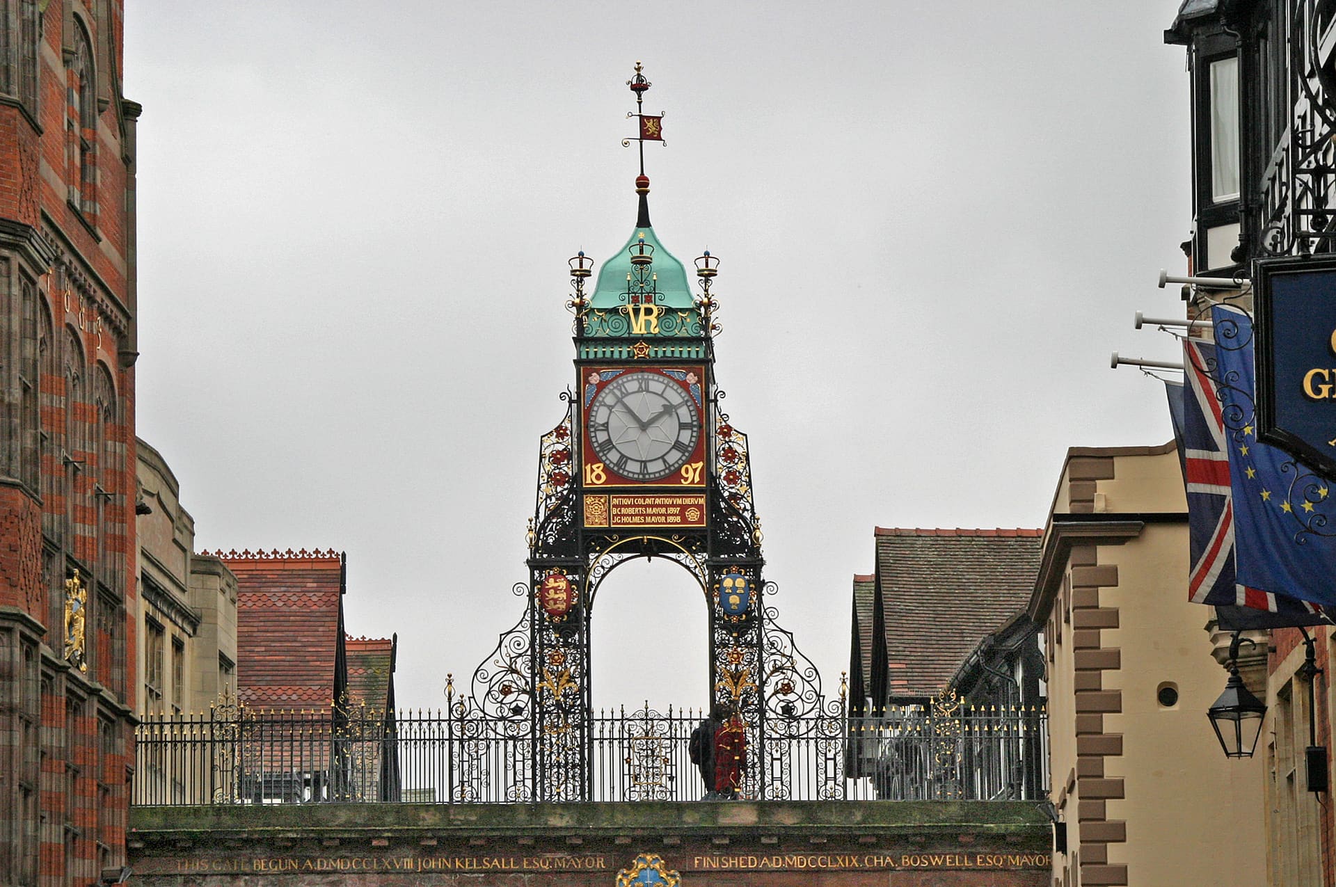 The Eastgate Clock on its ironwork arch above Chester's Eastgate Street.