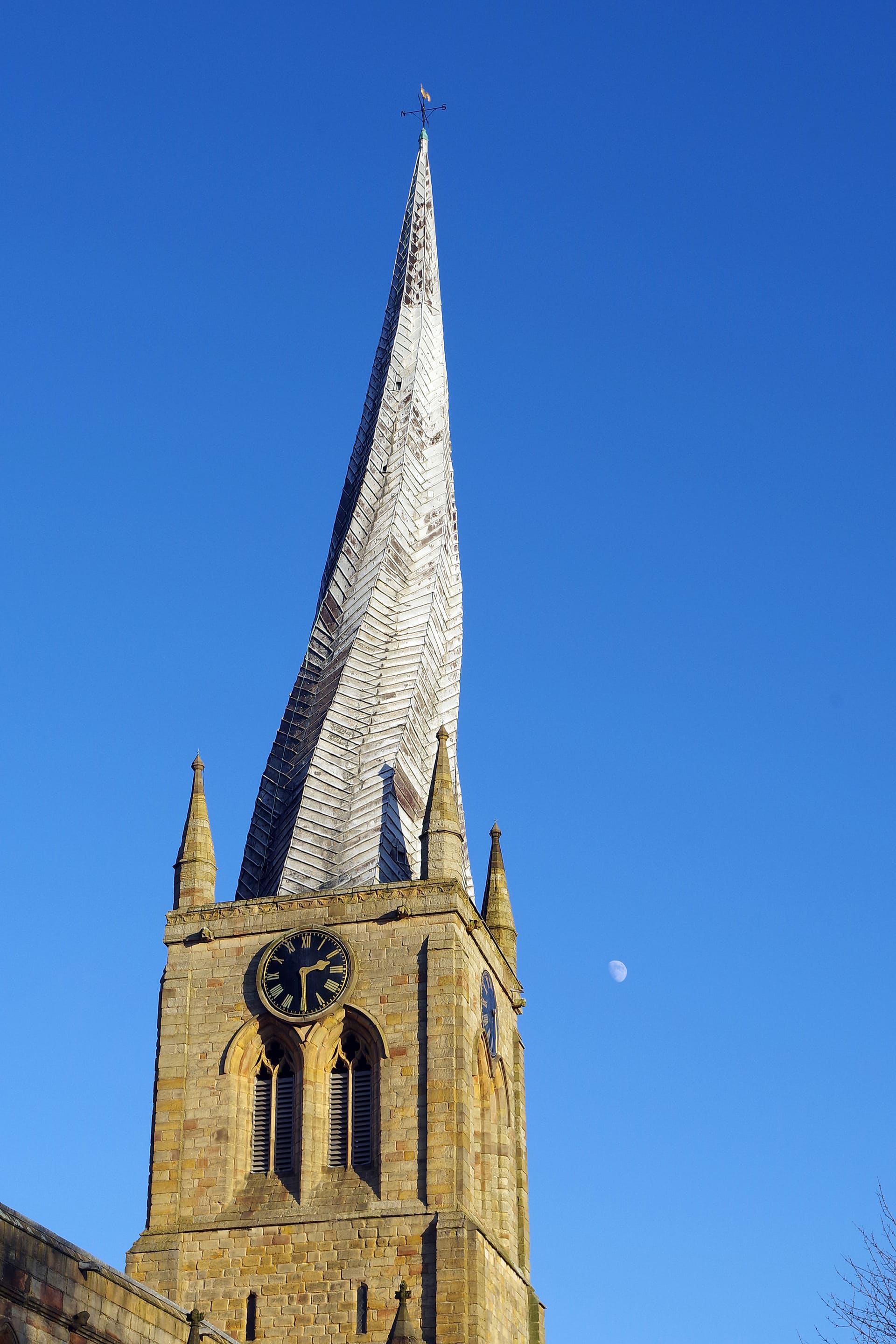 The twisted lead spire of St Mary and All Saints in Chesterfield.