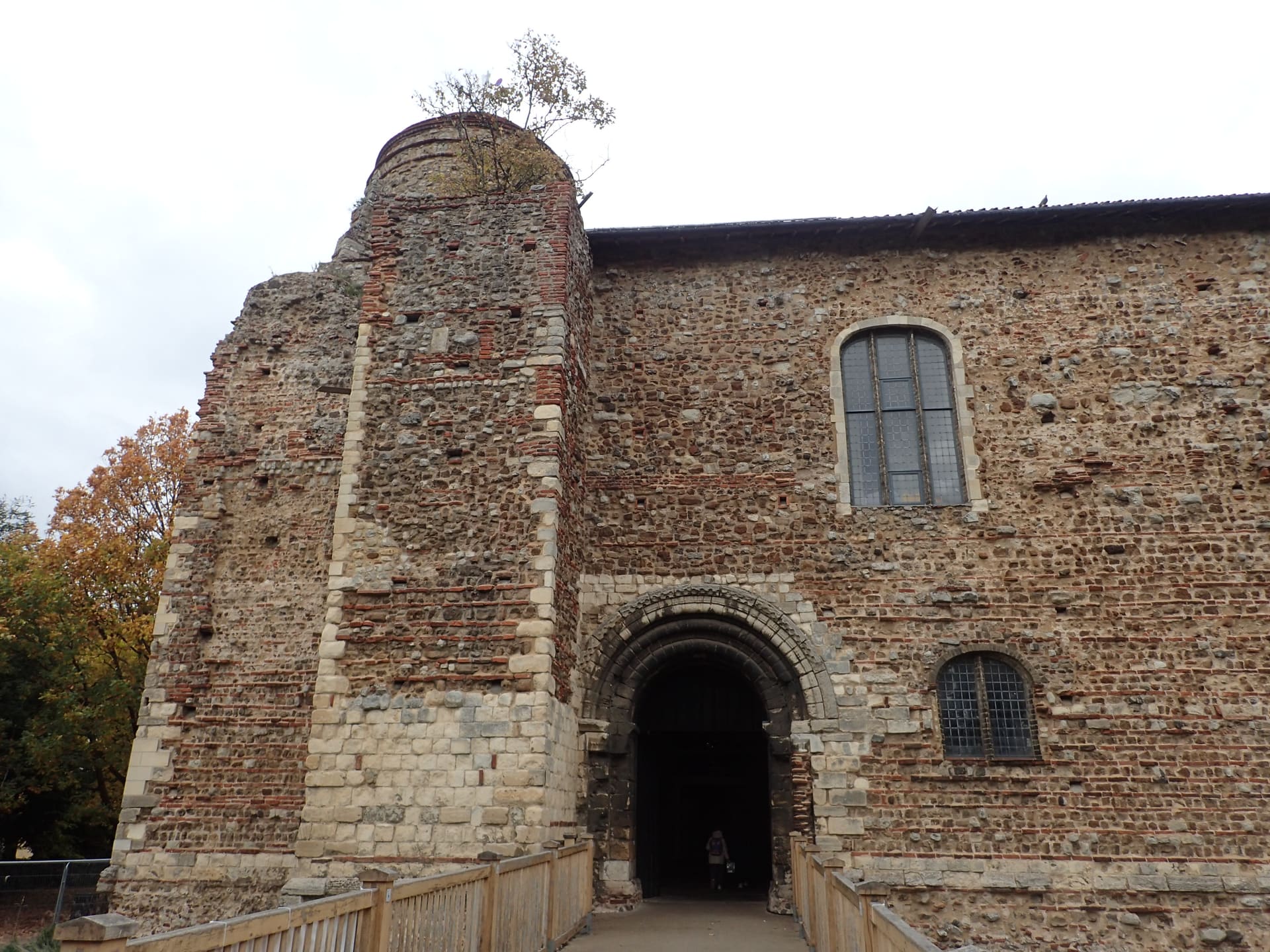 The Norman keep of Colchester Castle behind autumn trees.