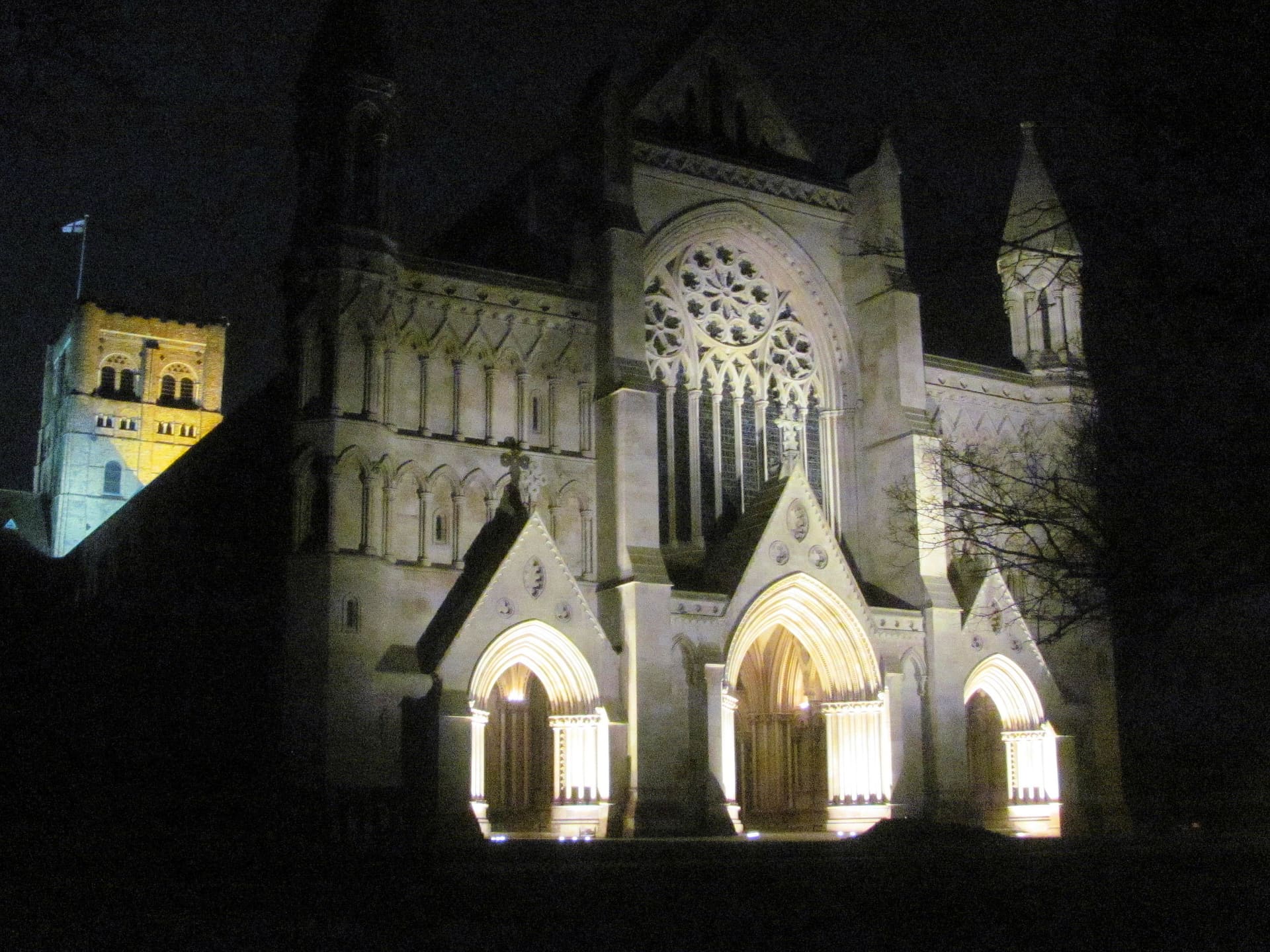 St Albans Abbey floodlit at night.