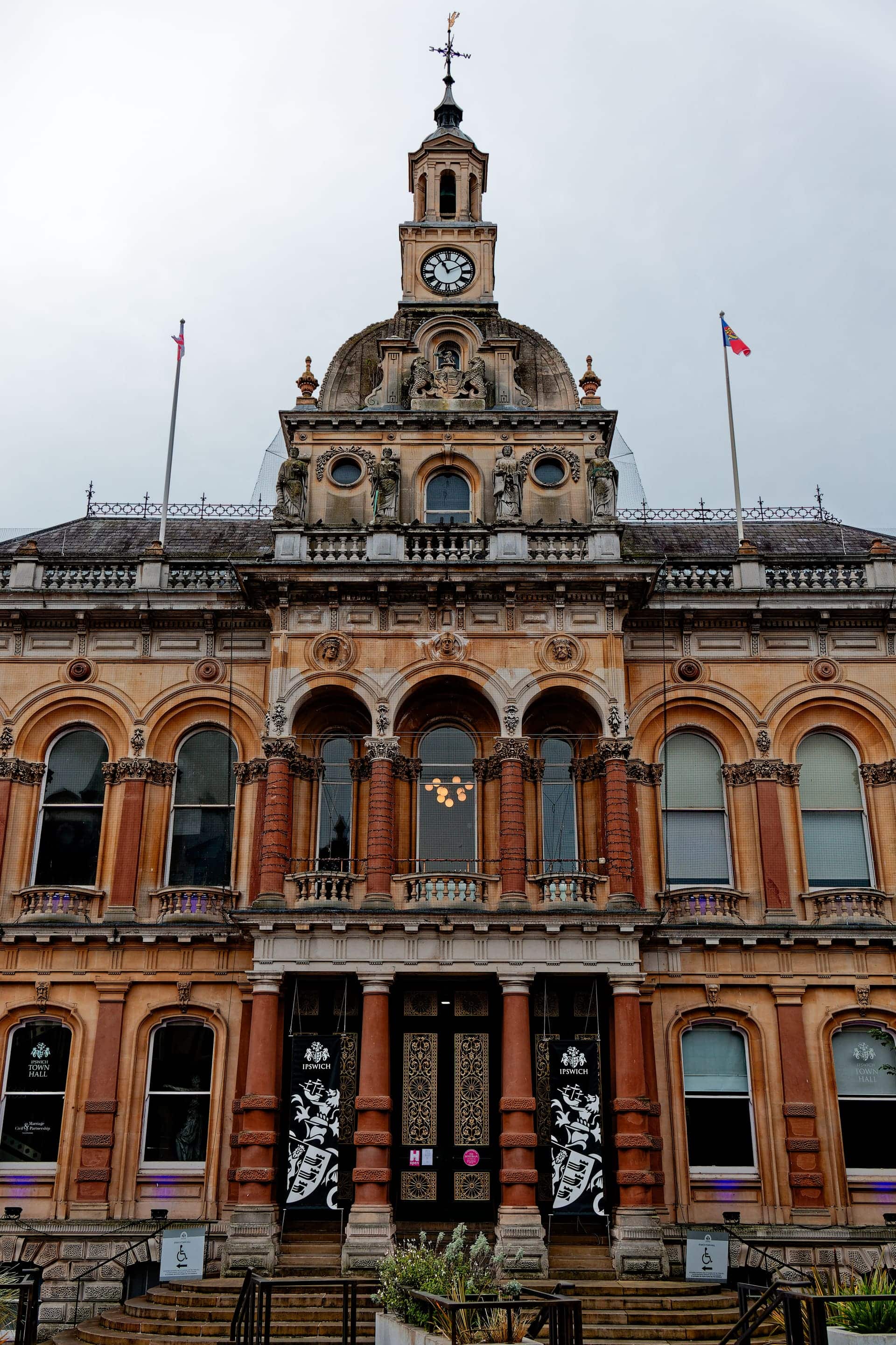 The Victorian facade of Ipswich Town Hall.