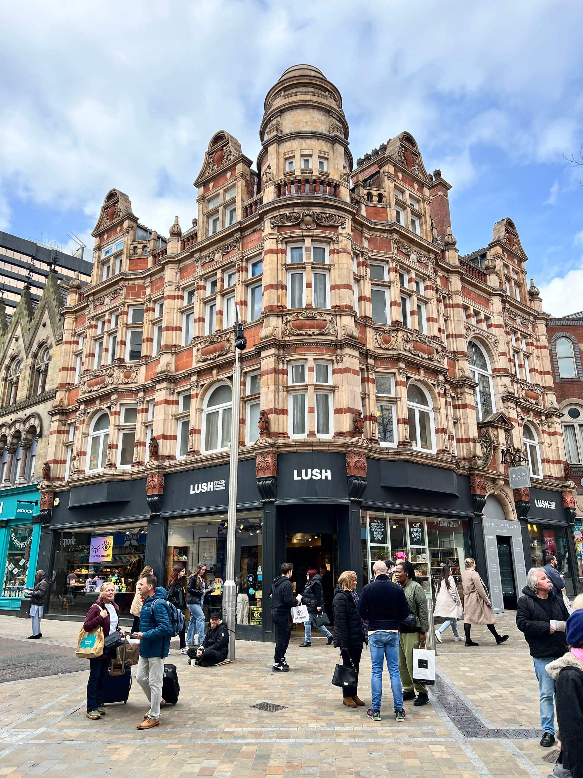 The terracotta corner of Commercial Street in Leeds.