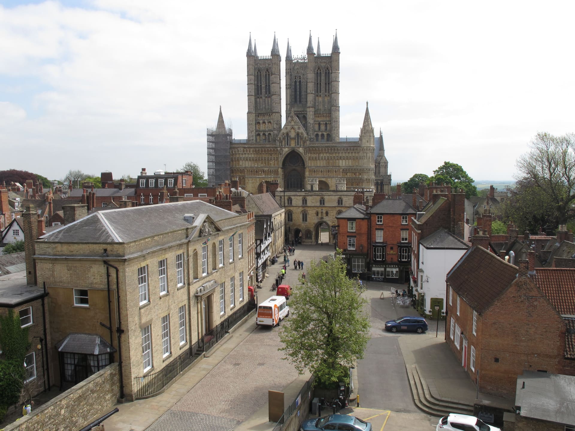 Lincoln Cathedral above the rooftops, seen from the castle walls.