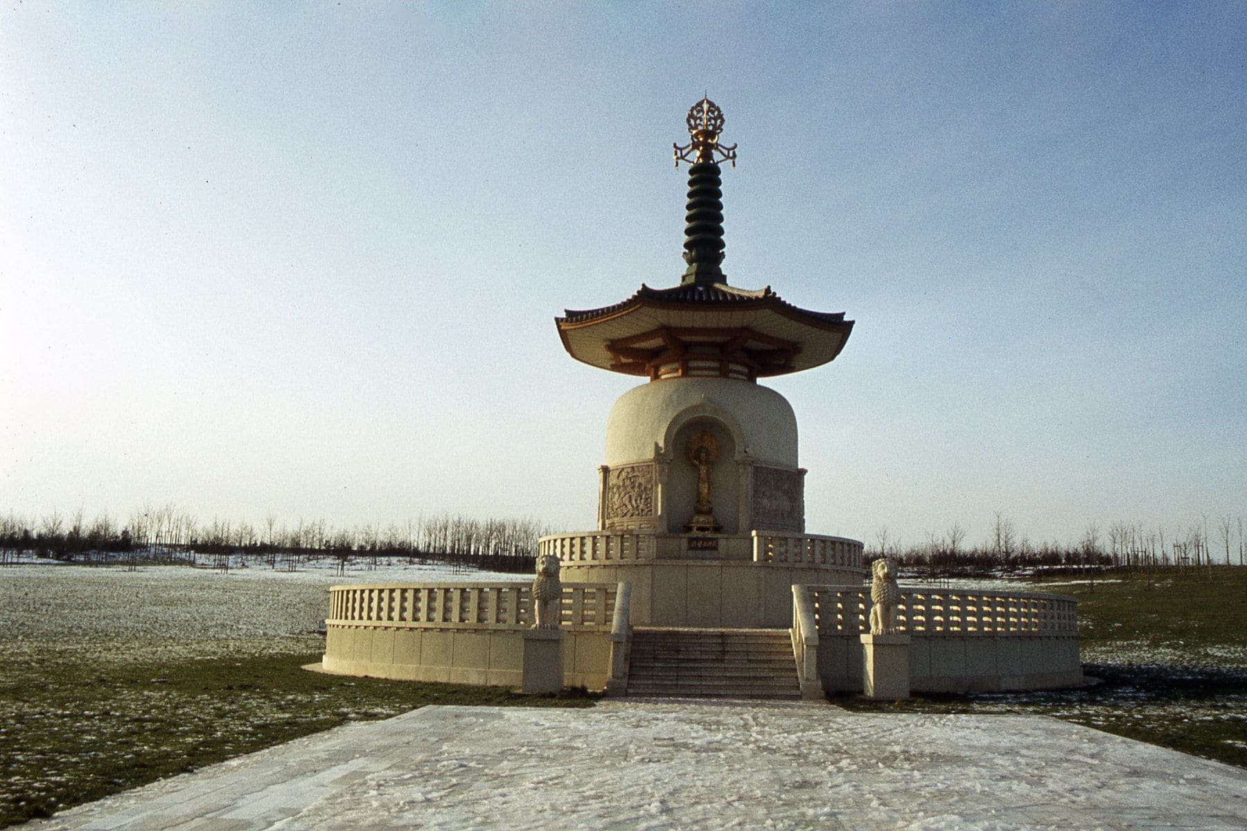 The Peace Pagoda beside Willen Lake on a frosted morning.