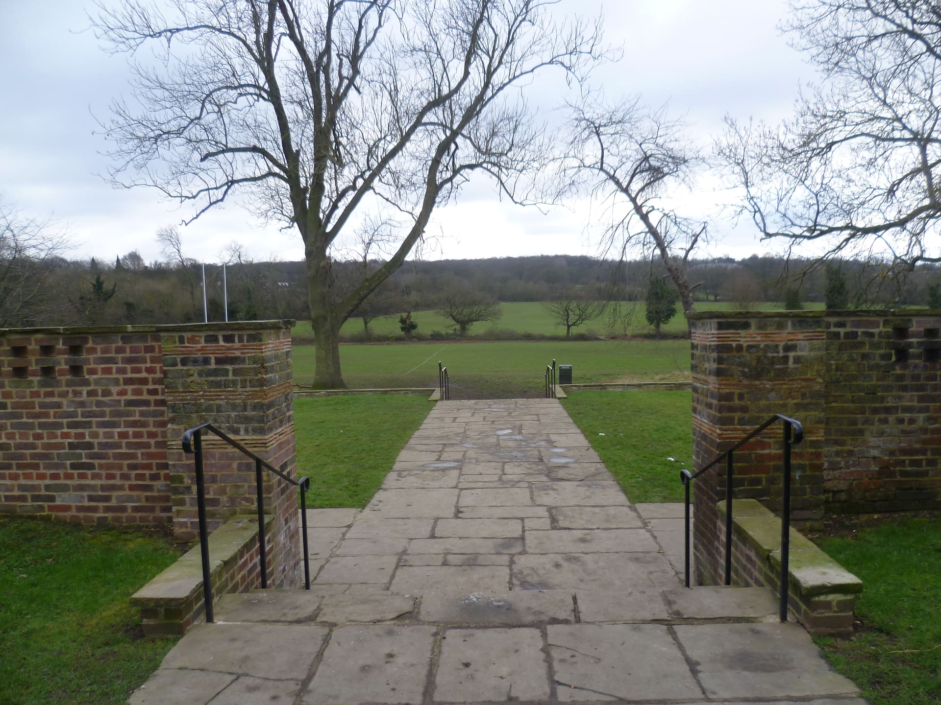 The brick piers of Heathgate opening onto the Heath Extension in Hampstead.