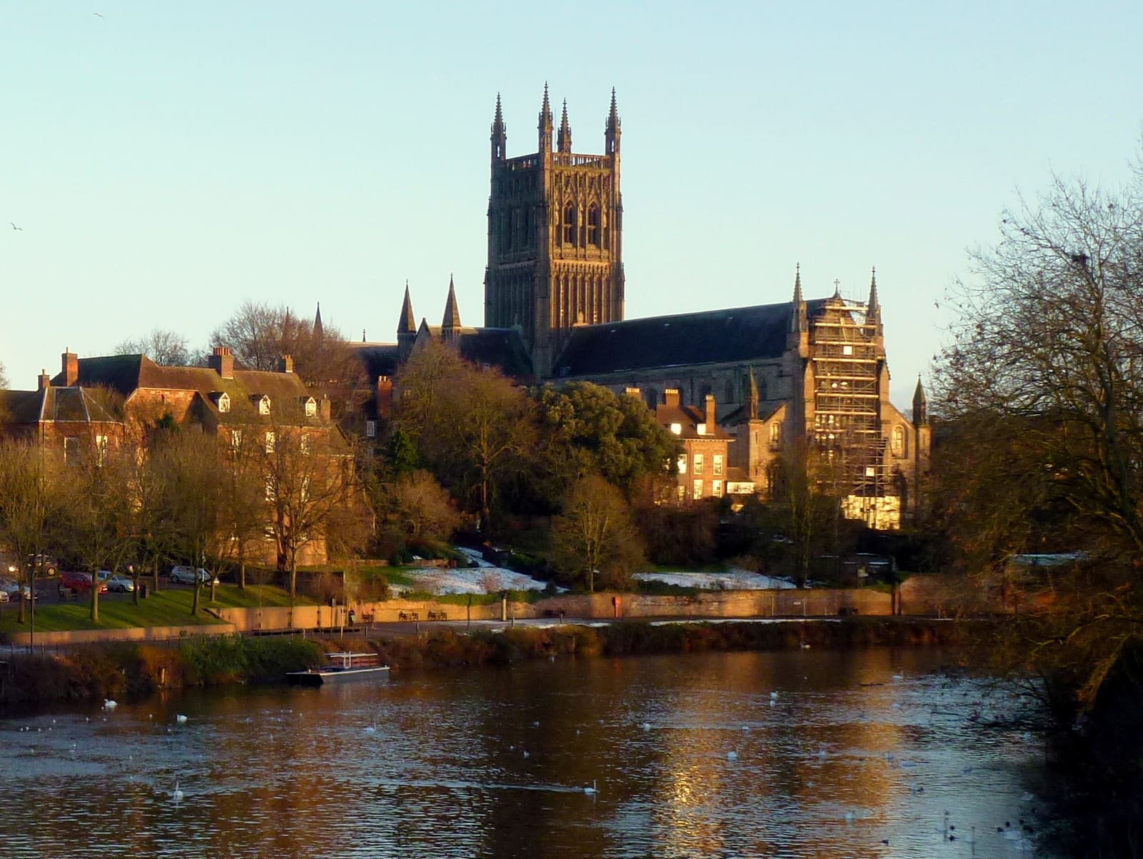 Worcester Cathedral in evening light above the Severn.