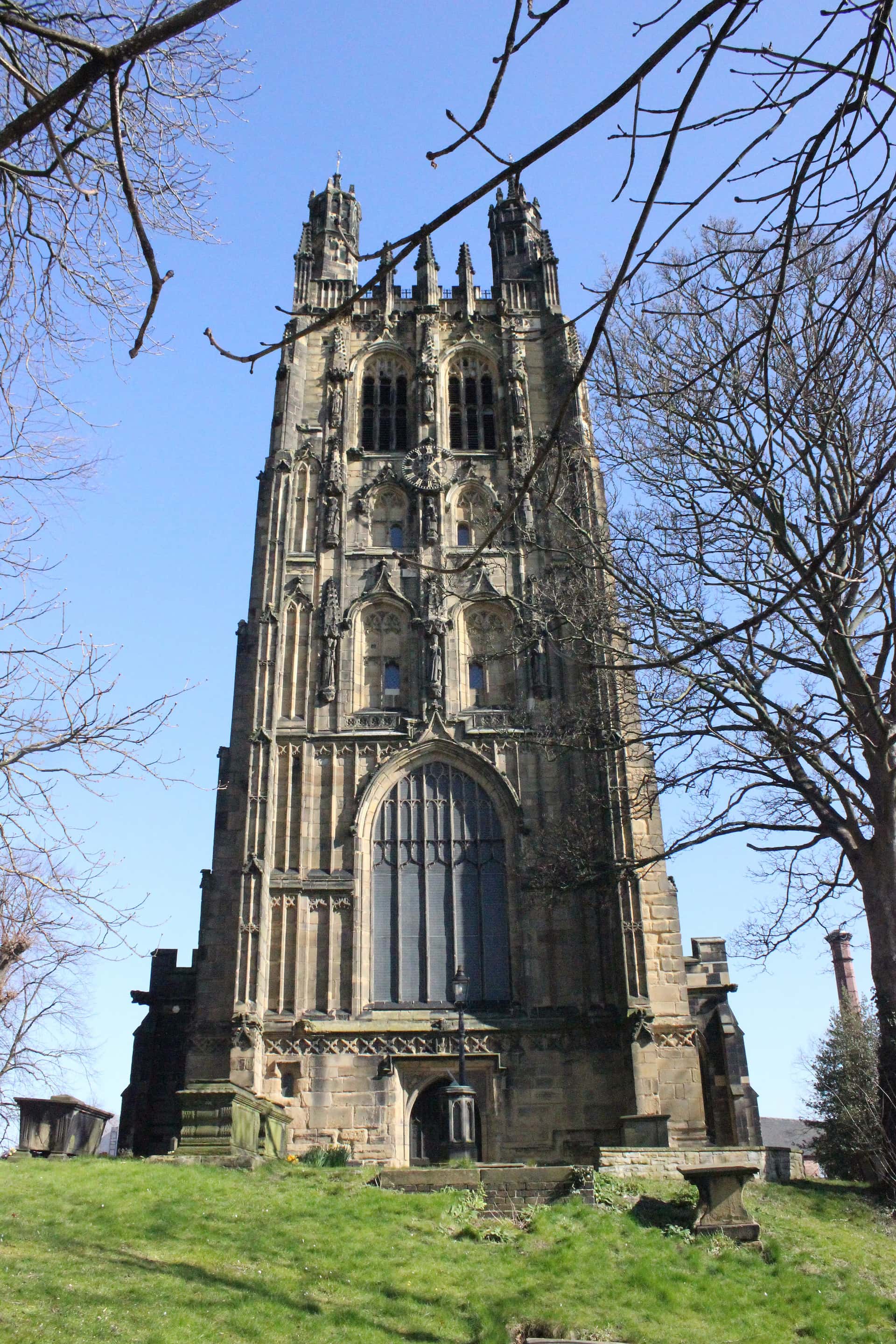 The pinnacled tower of St Giles' Church in Wrexham.
